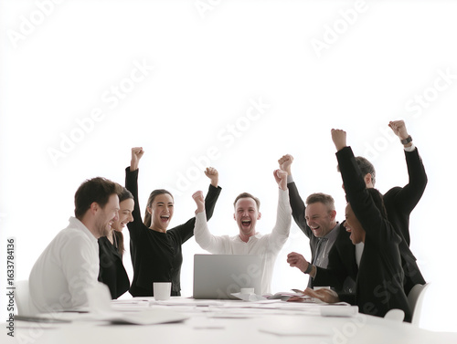 A DSLR photograph of a team celebrating a successful idea during a meeting. The shot is cinematic and full of energy. The white background is bright. The angle is celebratory, and the details are rich