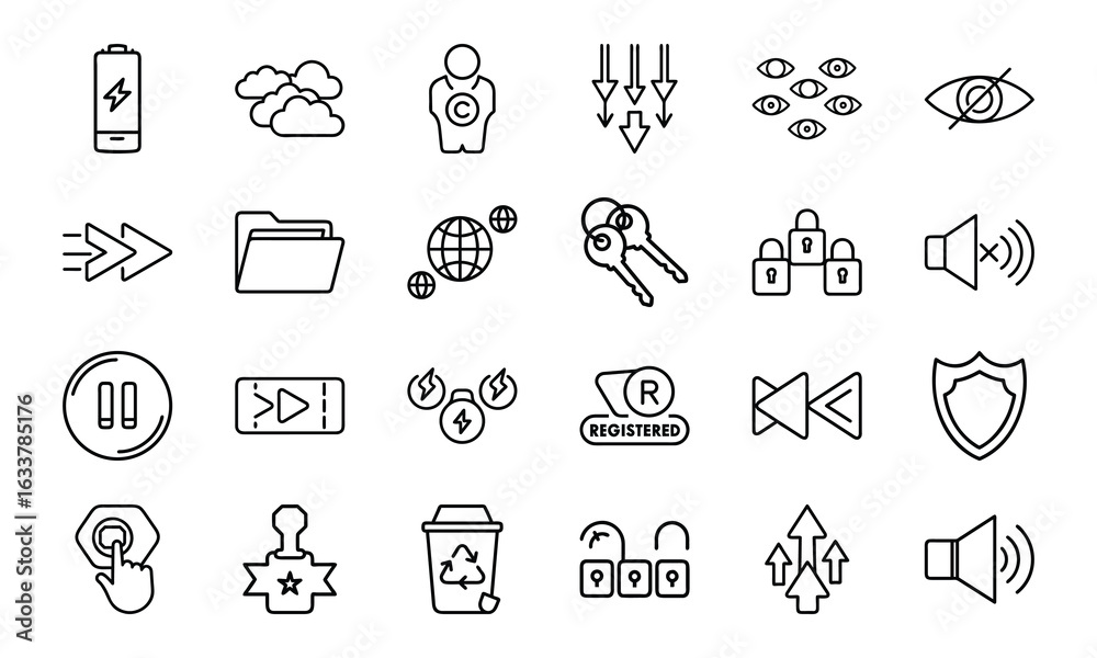 Fototapeta premium Minimalist Black Line Icon Bundle – Cloud, Battery, Lock, Key, Folder, Copyright, Security, Eye, Mute, Pause, Play, Fast Forward, Tech and Media Interface Symbols Set on White Background