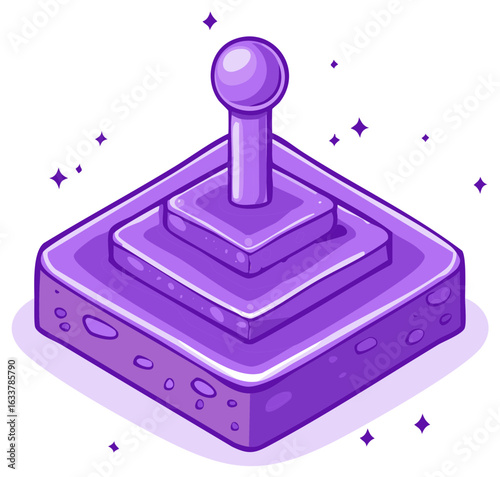 Retro joystick controller with a purple isometric design and sparkling accents, evoking vintage arcade gaming.