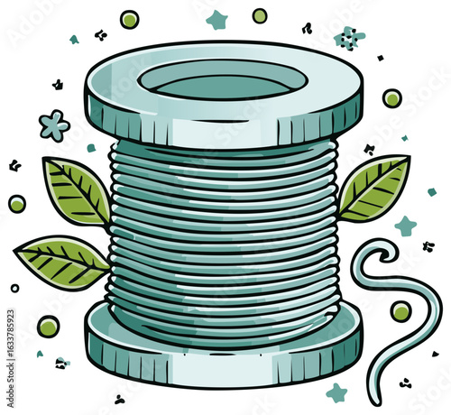 Hand drawn spool of thread with leaves and floating elements