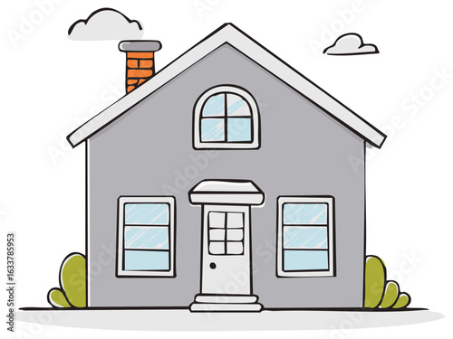 Cartoon style doodle drawing of a cozy grey house with a red chimney and clouds