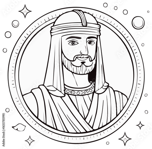 Line Art Illustration of a Royal Man in Traditional Arabian Costume within an Ornate Circular Frame