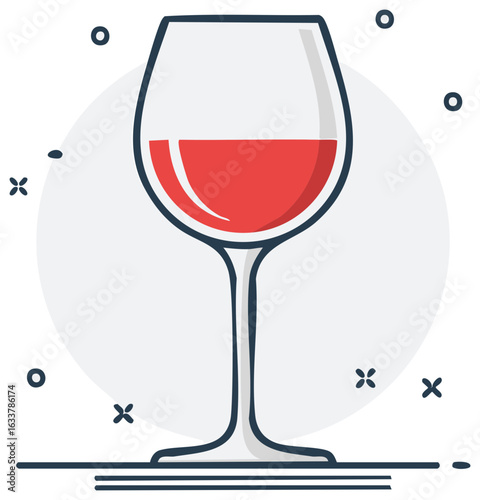 Red wine in a clear glass with decorative elements and abstract accents