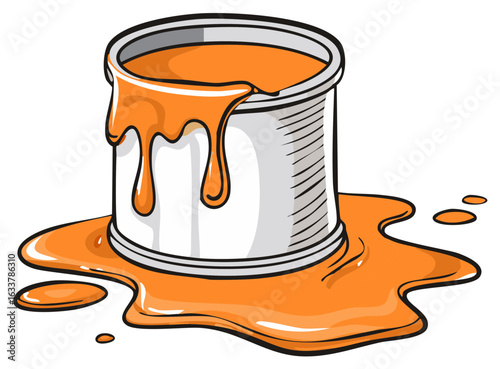 Can of orange paint spilling and dripping onto a surface with splashes