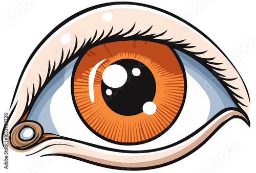 Close up cartoon illustration of a vibrant orange human eye with detailed iris and visible pupil