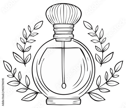 Perfume Bottle Surrounded by Leaves and Foliage Outline Design Isolated