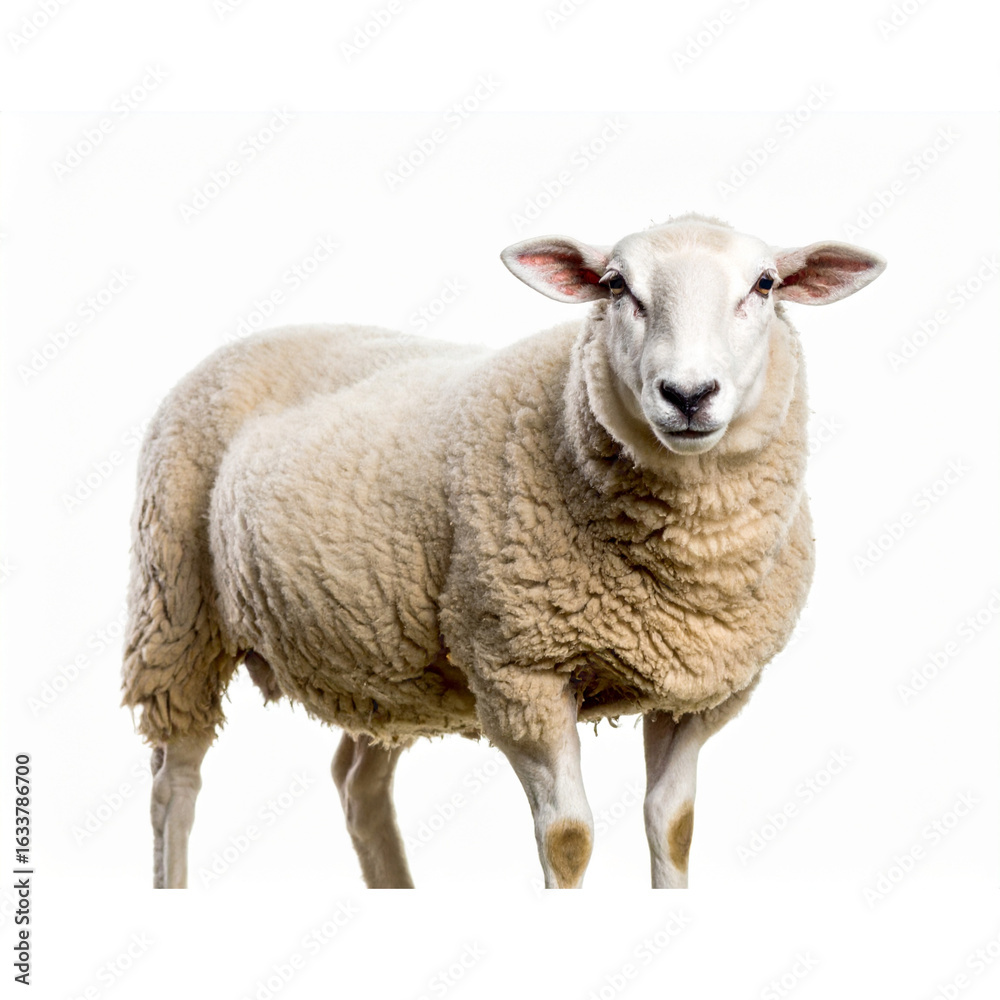 Fototapeta premium Sheep with lambs standing on grass isolated on white background