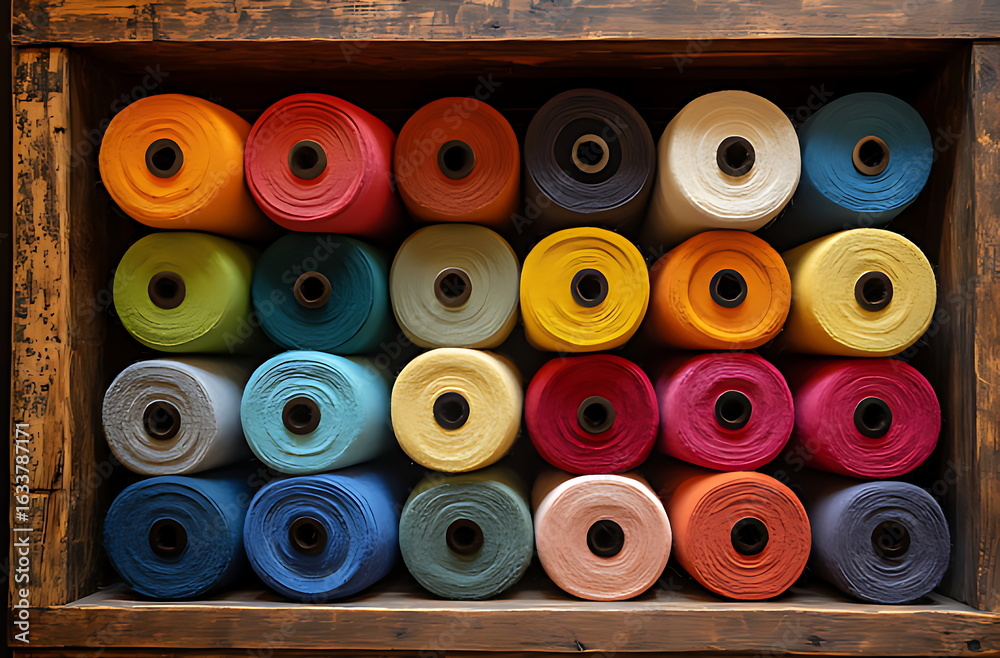 Fototapeta premium Colorful spools of vibrant thread on a wooden shelf, isolated white background
