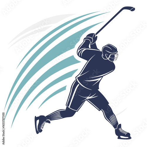 This image is of a hockey player silhouette taking a powerful shot with motion lines. It's likely intended to be a vector graphic for sports or athletic themed content.


