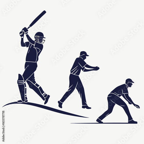 Three cricket players are silhouetted in a vector graphic. A batter swings, a bowler throws, and a fielder scoops the ball.

