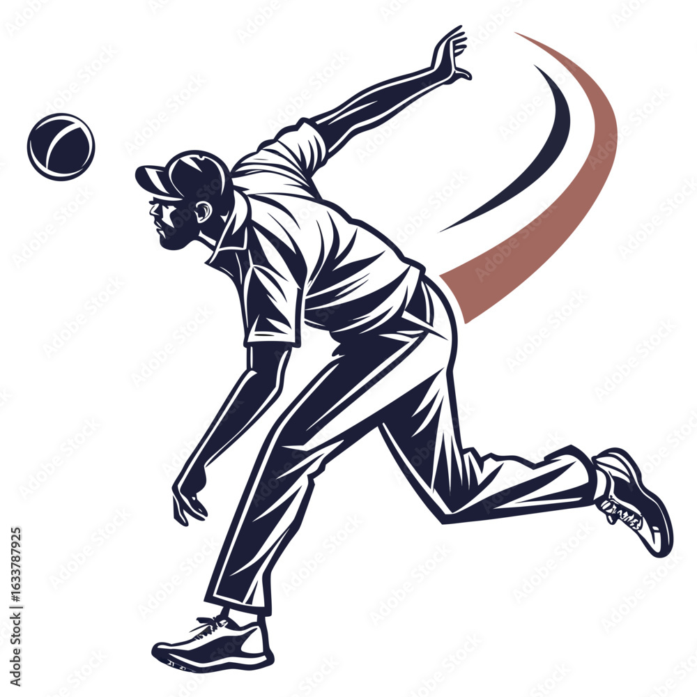 Obraz premium Illustration of a cricket bowler in motion, poised to release the ball. A curved line traces the ball's path.