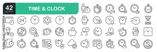 Set Of Time and Clock Line Icons. Contains such icons as 24 Hours, Alarm, Calendar, Countdown, Stopwatch, Management, Deadline, Efficiency, Hourglass. stock illustration