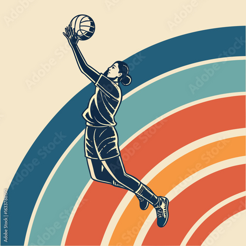 Retro illustration of a volleyball player spiking a ball, set against a vintage rainbow. Likely an AI generated icon.


