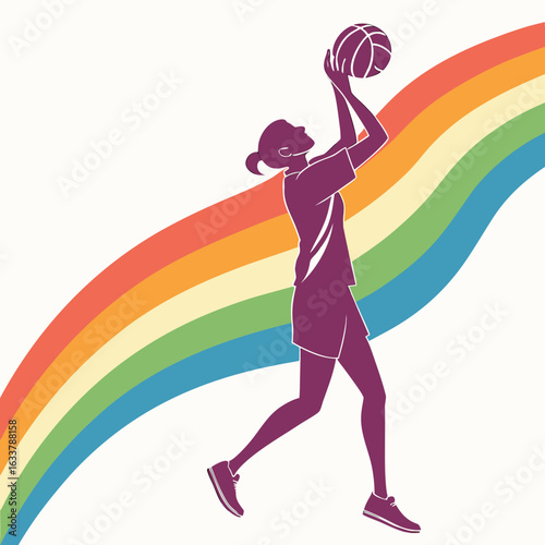 A digital illustration depicts a netball player in silhouette, mid-throw, superimposed over a rainbow. The image is a vector graphic with solid colors and a clean design, likely intended for use in a 