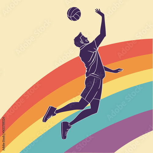 Here's a description of the image: A purple silhouette of a volleyball player spikes a ball in front of a rainbow, set against a cream-colored background. This vectors image is categorized under sport