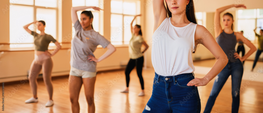 Fototapeta premium A captivating photograph of a contemporary or modern dance class in progress. Several young women, likely teenagers or young adults.