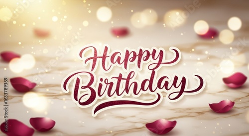 Happy Birthday Message with Rose Petals and Bokeh Lights