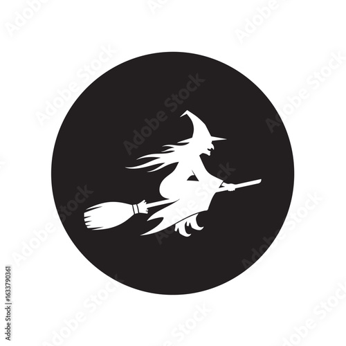 Vector art of silhouette of a witch flying on a broomstick against a black background