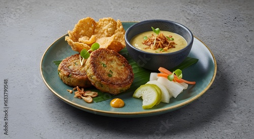 Thai Fish Cakes (Tod Mun Pla) with Creamy Yellow Dip, Crispy Fritters, and Pickled Vegetables
