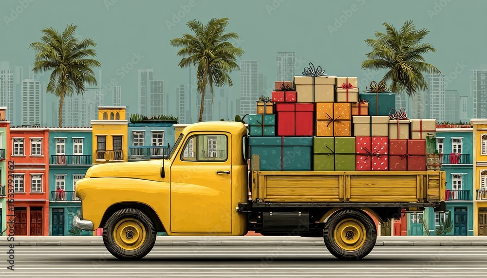 Fototapeta premium Retro truck loaded with gifts, city backdrop