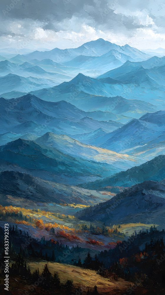 Fototapeta premium Majestic mountain landscape with layered ridges in autumn colors and misty sky.