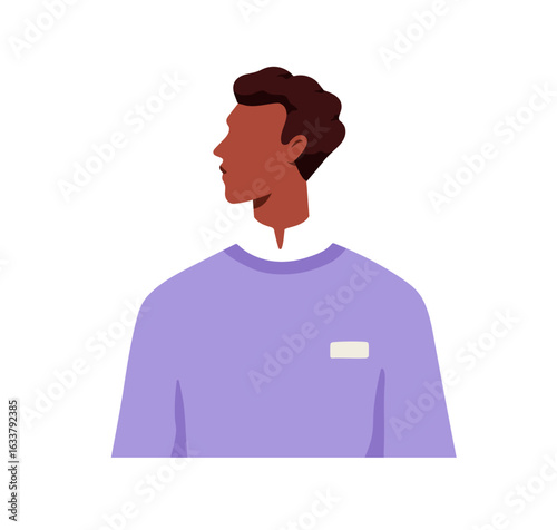 Black man profile, face looking aside. Employee, office worker with name badg...