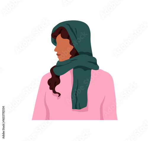 Female profile. Young woman wearing headscarf, looking aside, sideways. Attractive modern style girl in head scarf, headdress, casual clothing. Flat vector illustration isolated on white background
