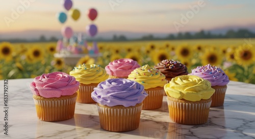 Colorful Cupcakes Displayed on Marble Table with Sunflower Field
