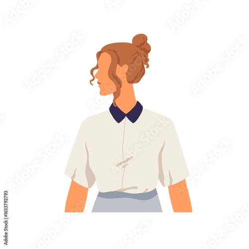 Female profile. Young business woman face looking aside, head turned. Office worker, faceless employee in blouse, hairstyle, emotionless. Flat vector illustration isolated on white background