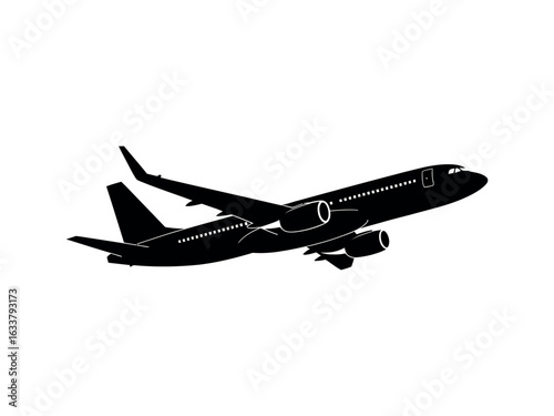 Black airplane ascending against white background aircraft