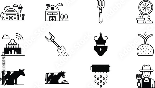 Farming icons black and white line art illustration