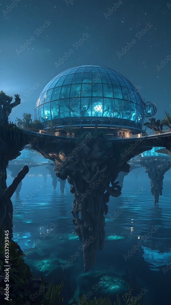 Fototapeta premium Futuristic dome city floating on water under a starry sky