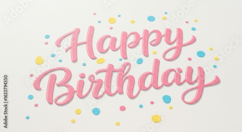 Happy Birthday Pink Lettering with Colorful Confetti on White Background