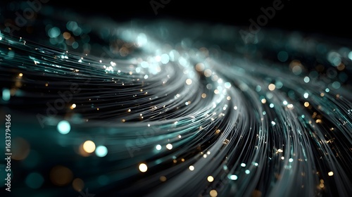 Abstract glowing lines and bokeh lights on a dark background create a flowing effect.