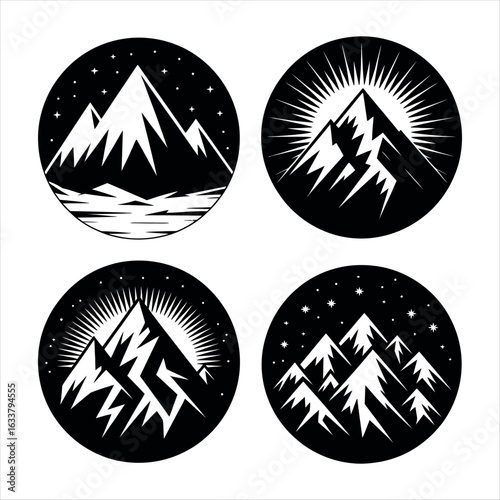 Mountain peaks under starry sky and sunburst summit