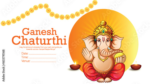 Ganesh Chaturthi festival celebration artwork featuring Lord Ganesha seated on a throne. Decorative garlands, Diya lamp, and vibrant hues enhance the festive mood. 