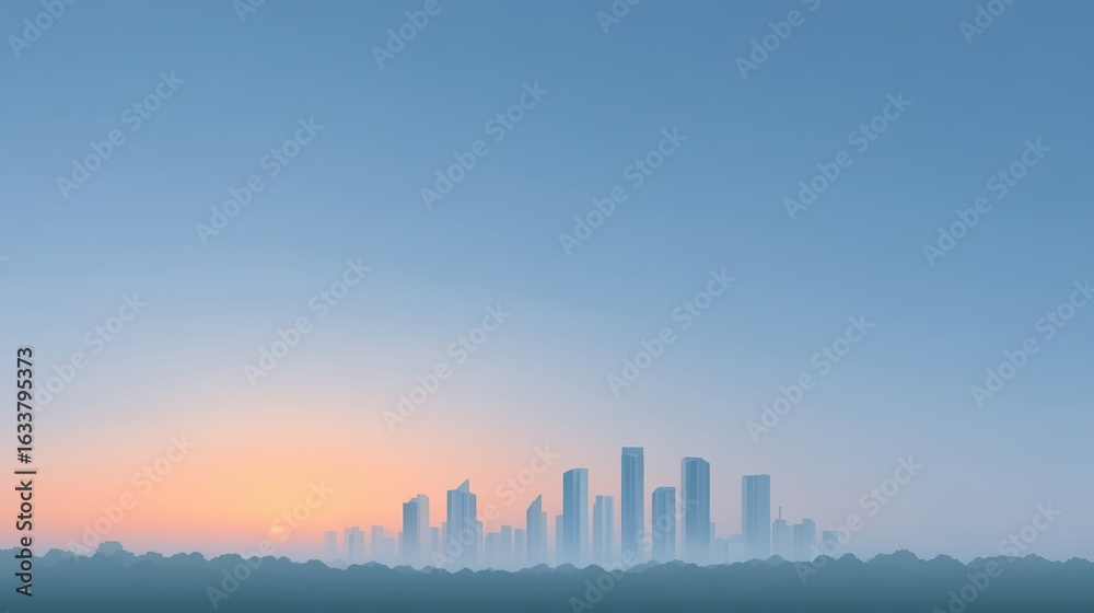 Fototapeta premium Urban Skyline at Sunrise with Soft Fog and Calm Blue Sky