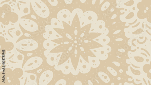 Floral kaleidoscope pattern with star and petal shapes in light beige and cream tones creates a vintage look