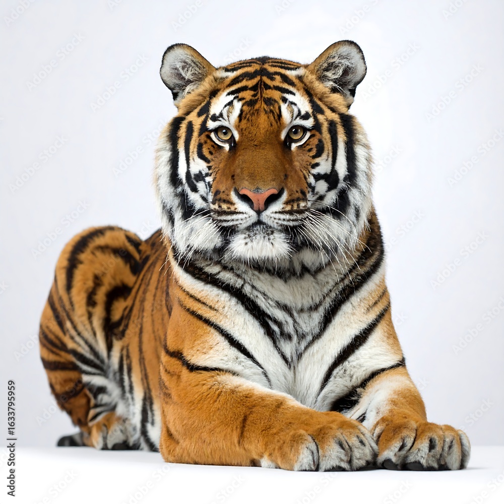 Fototapeta premium Majestic tiger, orange and black stripes, lying down against a white background