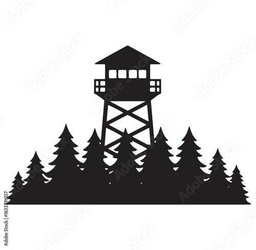 Black and white illustration of a fire watchtower in a forest environment silhouette