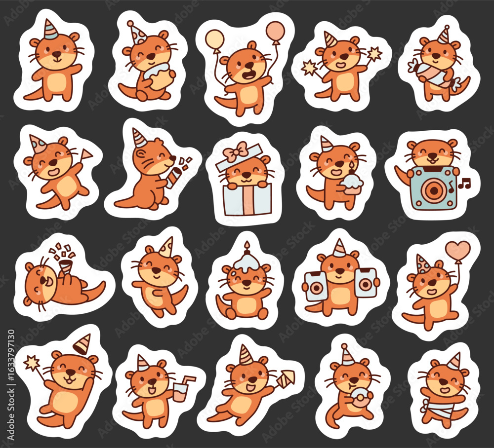 Fototapeta premium Otter party kawaii character set with festive hats, holding balloons, drinks and candles cakes for fun cute illustration and birthday decoration design projects