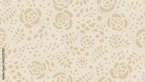 Floral pattern with roses leaves and dots in a light beige color scheme creating a seamless repeat design