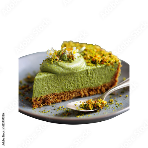 Delicious Slice of Matcha Green Tea Cheesecake with Pistachios and Flowers