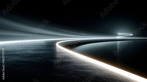 Abstract glowing light trails on a dark reflective surface creating a futuristic scene.