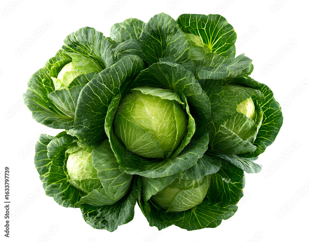 Fototapeta premium AI generated crisp image of vibrant green cabbage arranged in circular formation, showcasing its fresh-picked quality and tightly packed leaves against clean white background