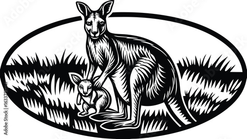 Based on the black-and-white illustration of a kangaroo standing in tall grass with a joey peeking out of its pouch, in an oval frame with a woodcut style, here's a fitting title: