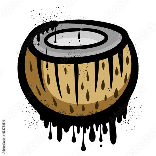 Half coconut graffiti with black spray paint splashes and drips