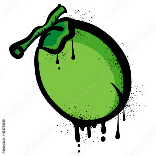 Coconut fruit graffiti with black spray paint splashes and drips