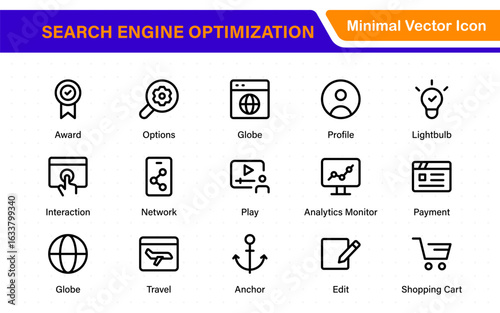 SEO – Search Engine Optimization. Thin‑line icon set for web, digital marketing, ranking, analytics, and website growth. Simple vector symbols for strategy and development.