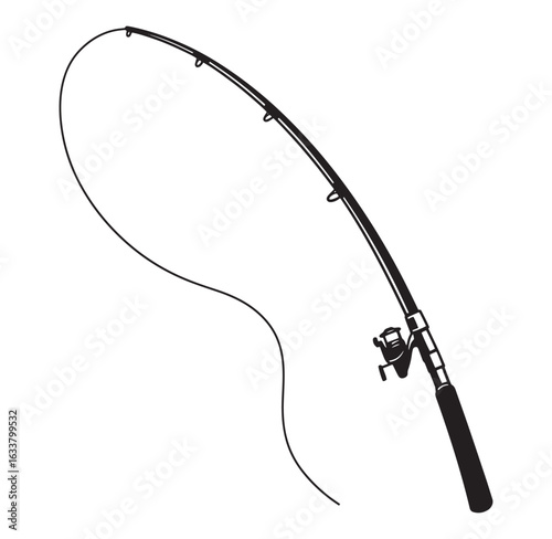Minimalist black and white vector illustration of a fishing rod with spool and line